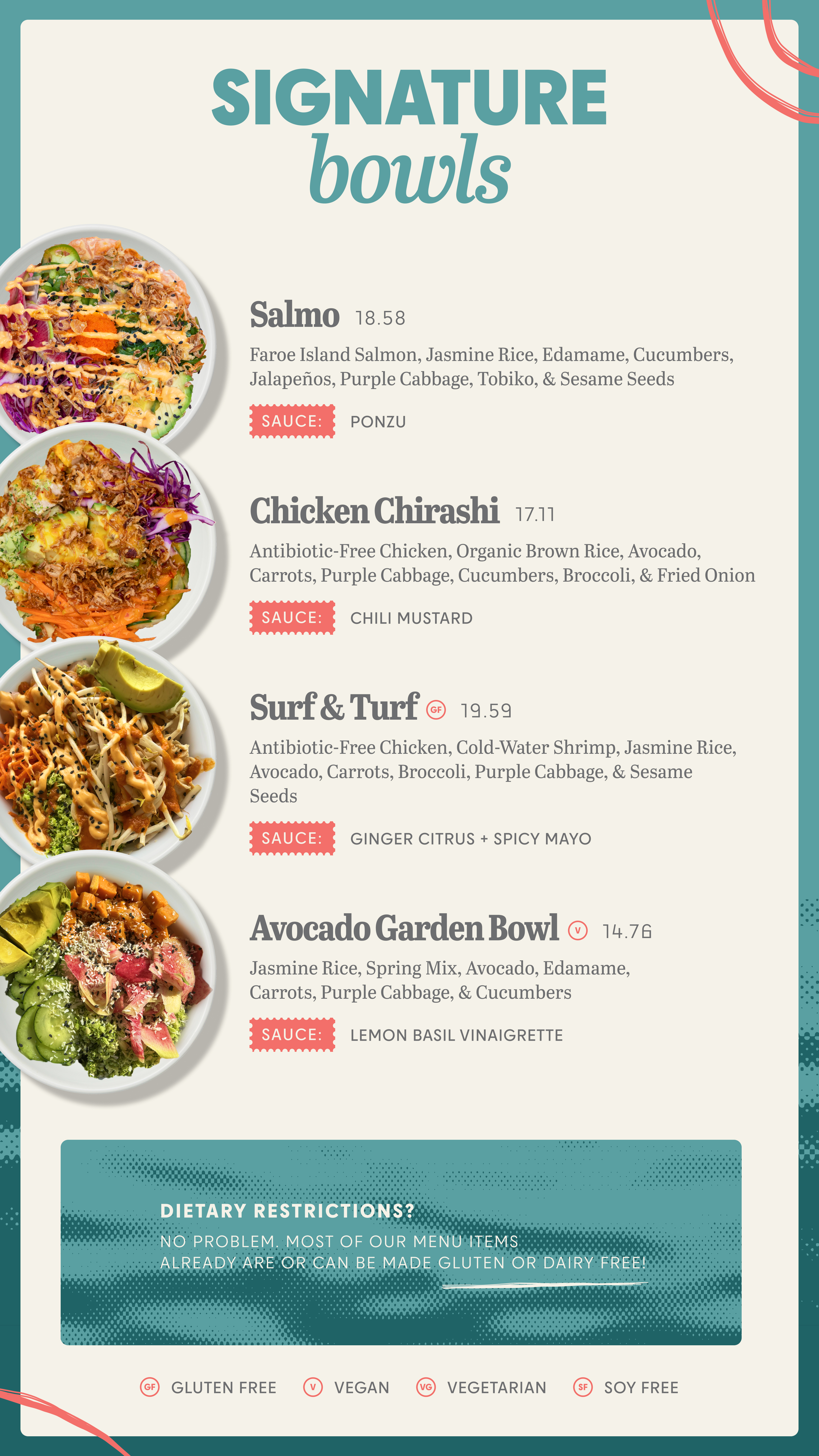 Signature poke bowls Buffalo NY Tuna Salmon Shrimp and chicken proteins with many healthy options