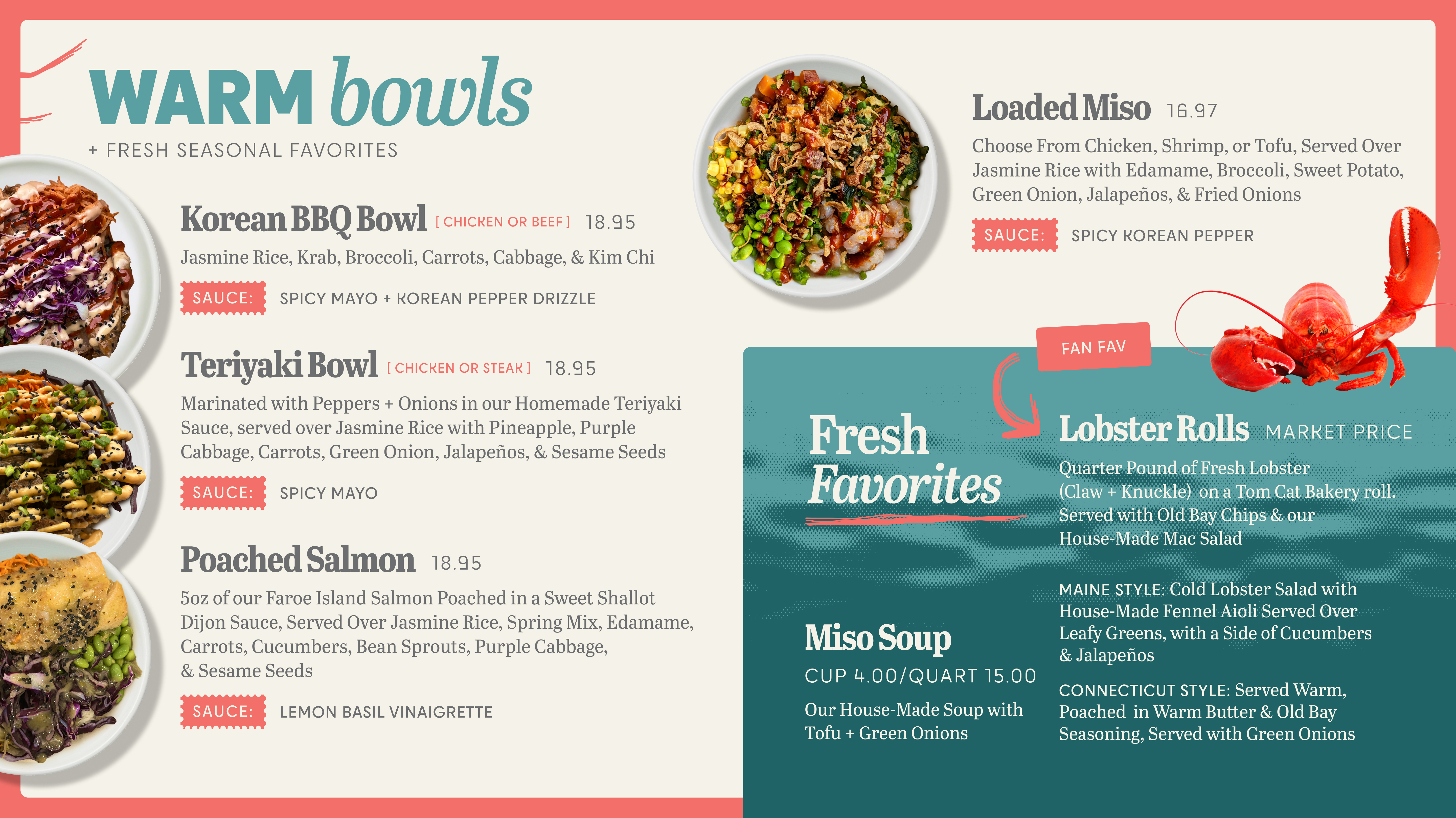 Menu page featuring steak, salmon, lobster rolls and hot soup