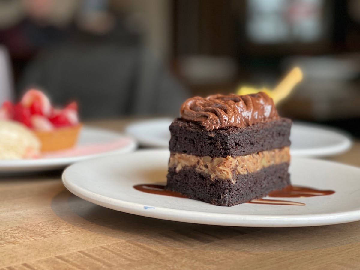 a piece of chocolate cake on a plate