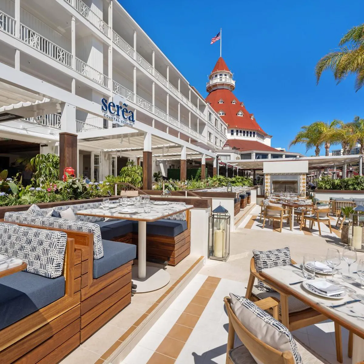 Serea Mediterranean restaurant in Coronado featuring oceanfront dining, fresh seafood dishes, and coastal brunch at Hotel del Coronado California.