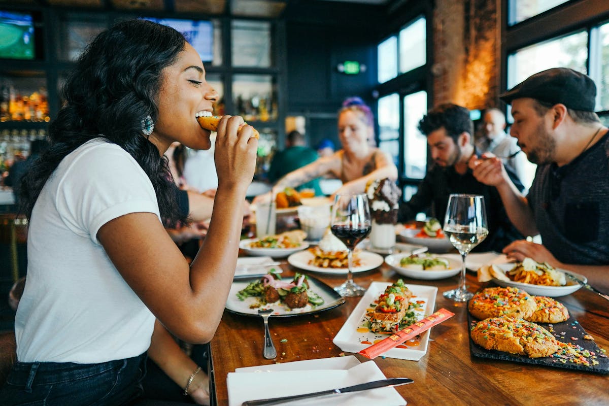a group of people eating