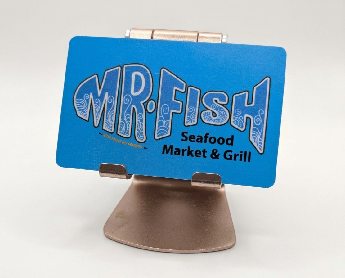 mr fish gift card on a stand