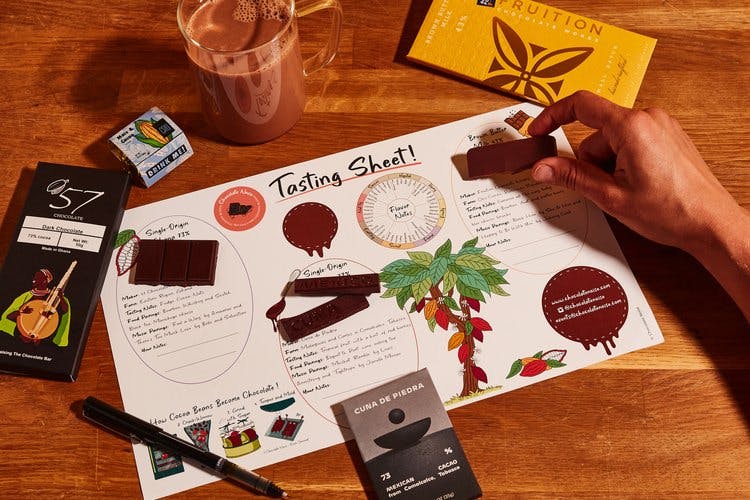 a stack of brochures on a wooden table