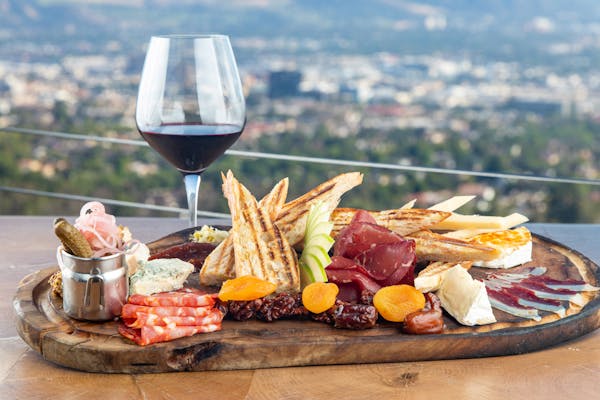 Charcuterie with wine and view