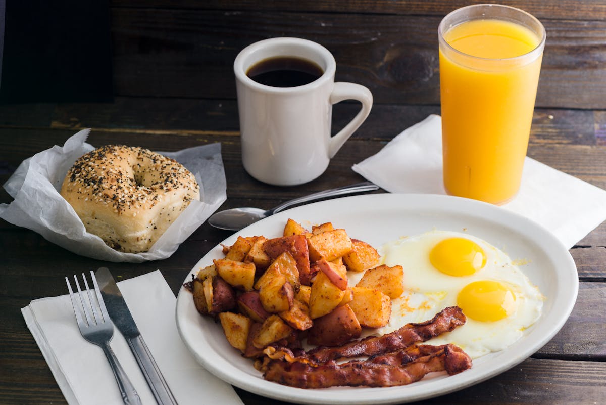 a plate of food and a cup of coffee