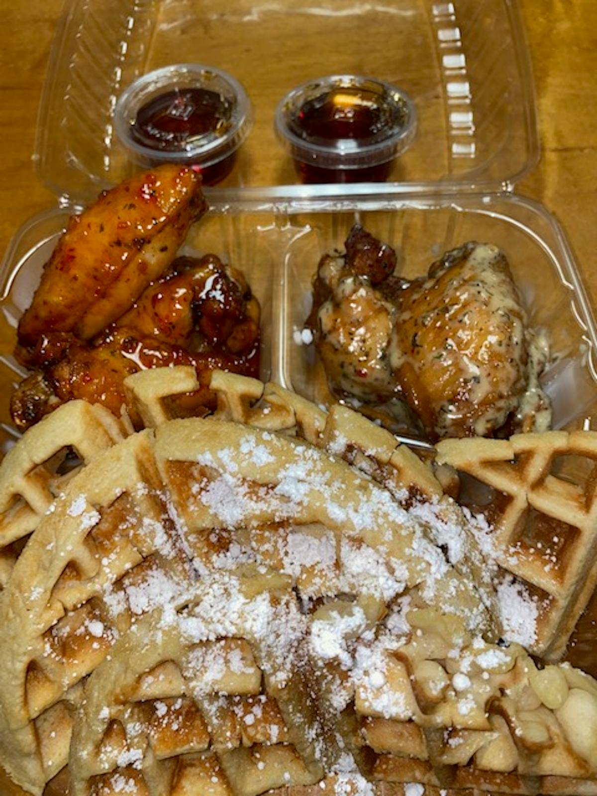 a dish is filled with food
