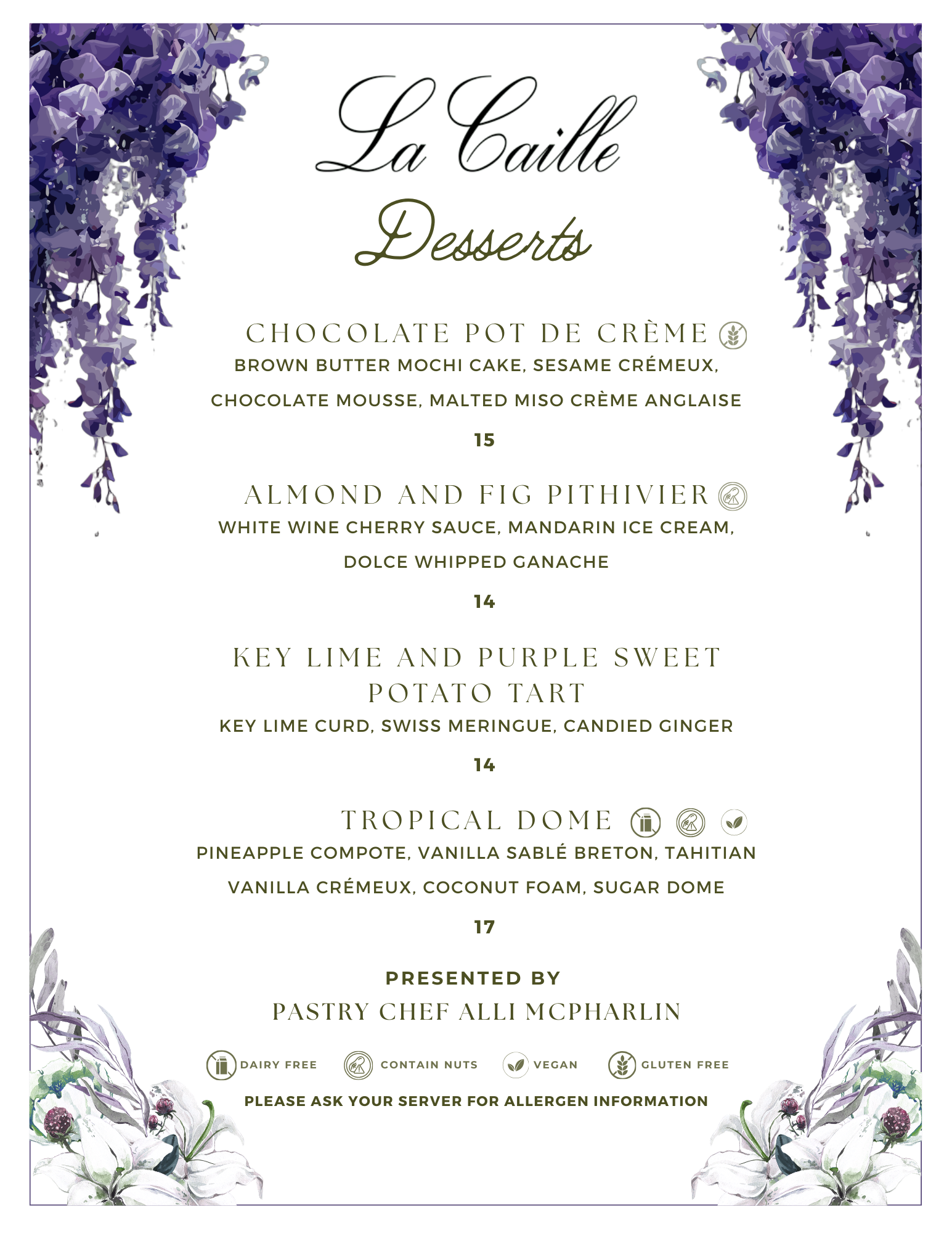 a menu of desserts with purple flowers