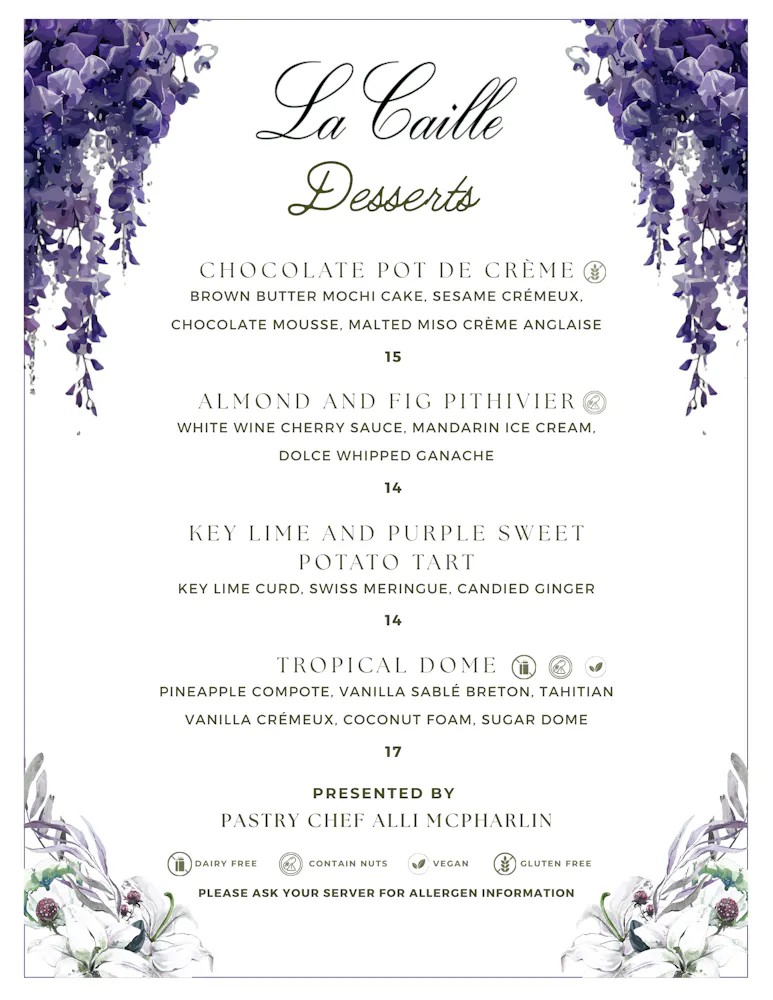 a menu of desserts with purple flowers