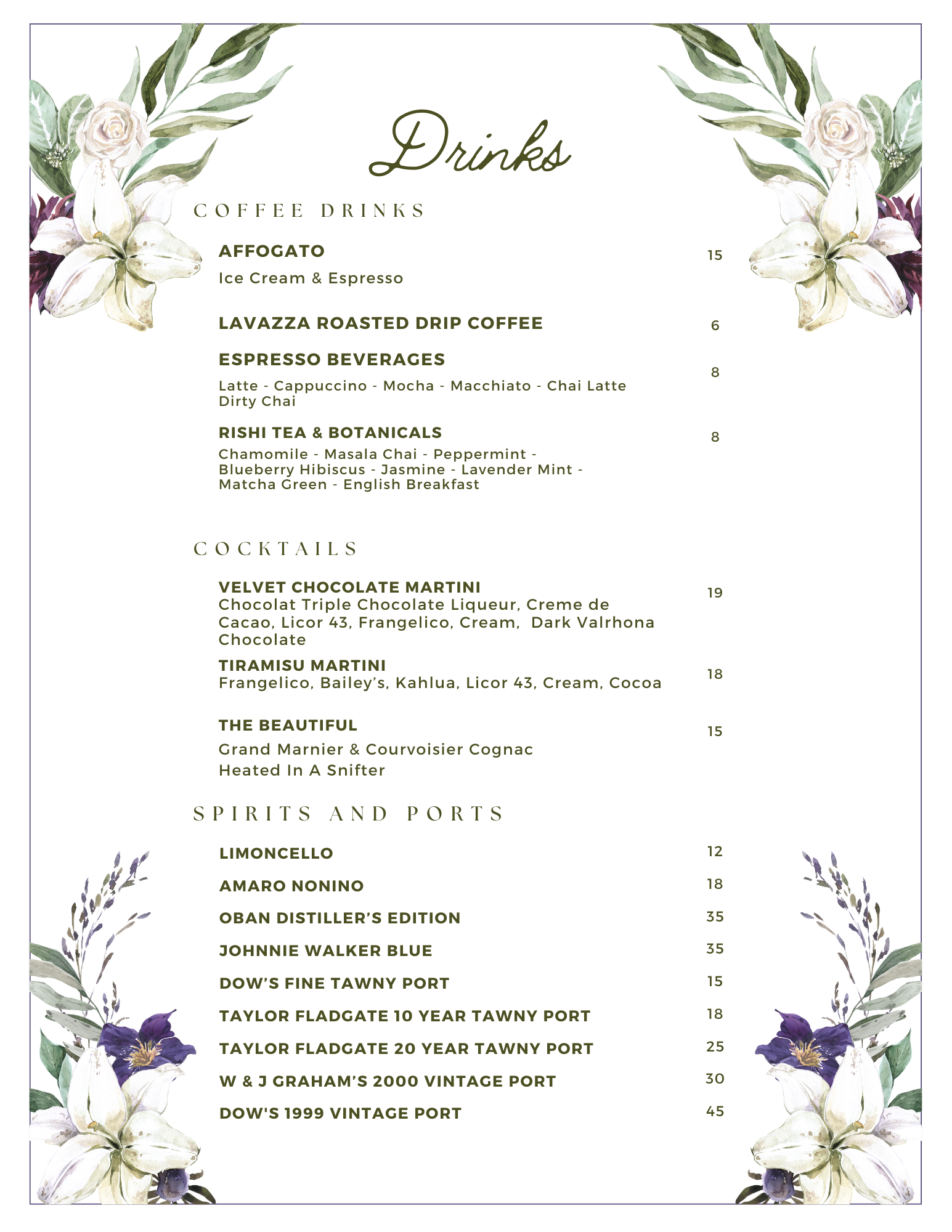 a menu with flowers and green text