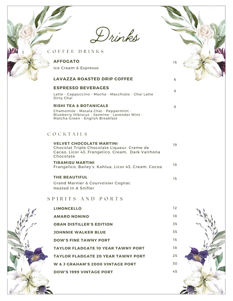 a menu with flowers and green text