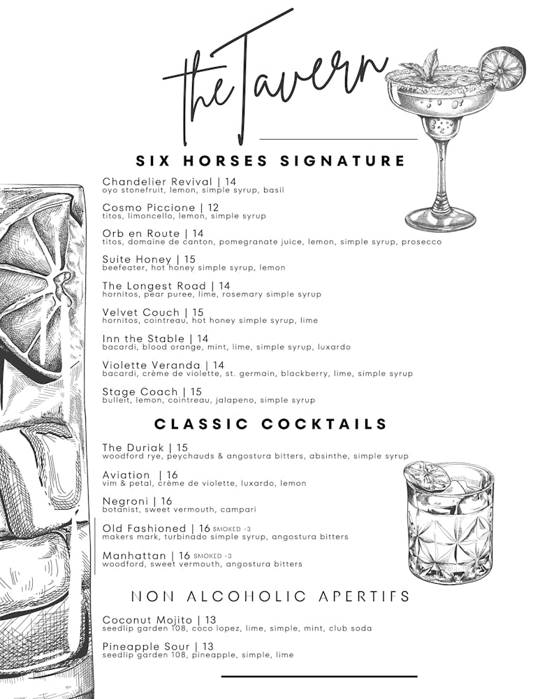 Menus Six Horses Tavern in Aurora, OH