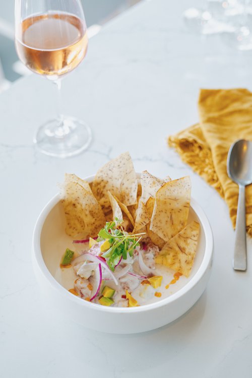 a plate of food and a glass of wine