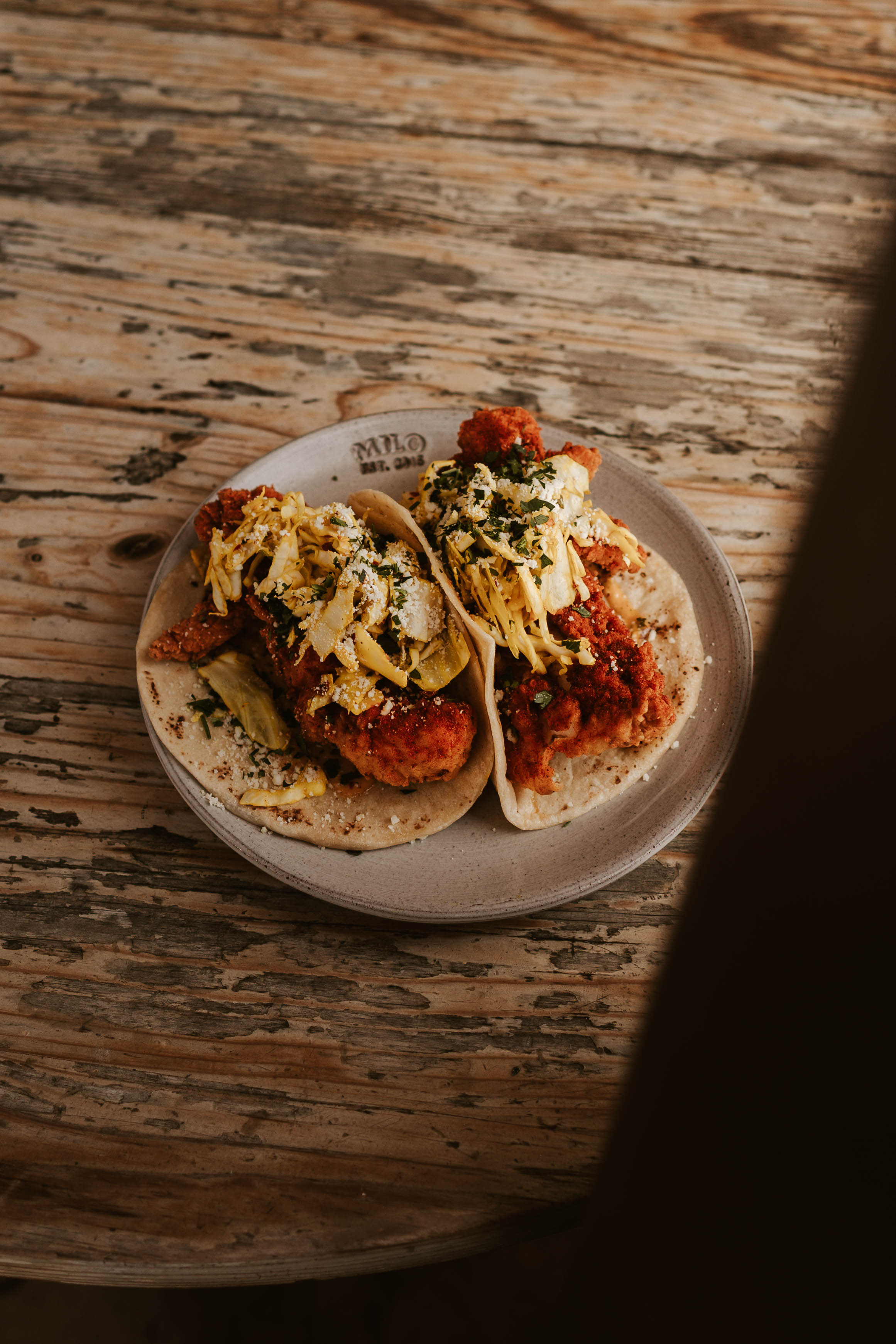 Hot Chicken Tacos at Milo All Day Waco Texas