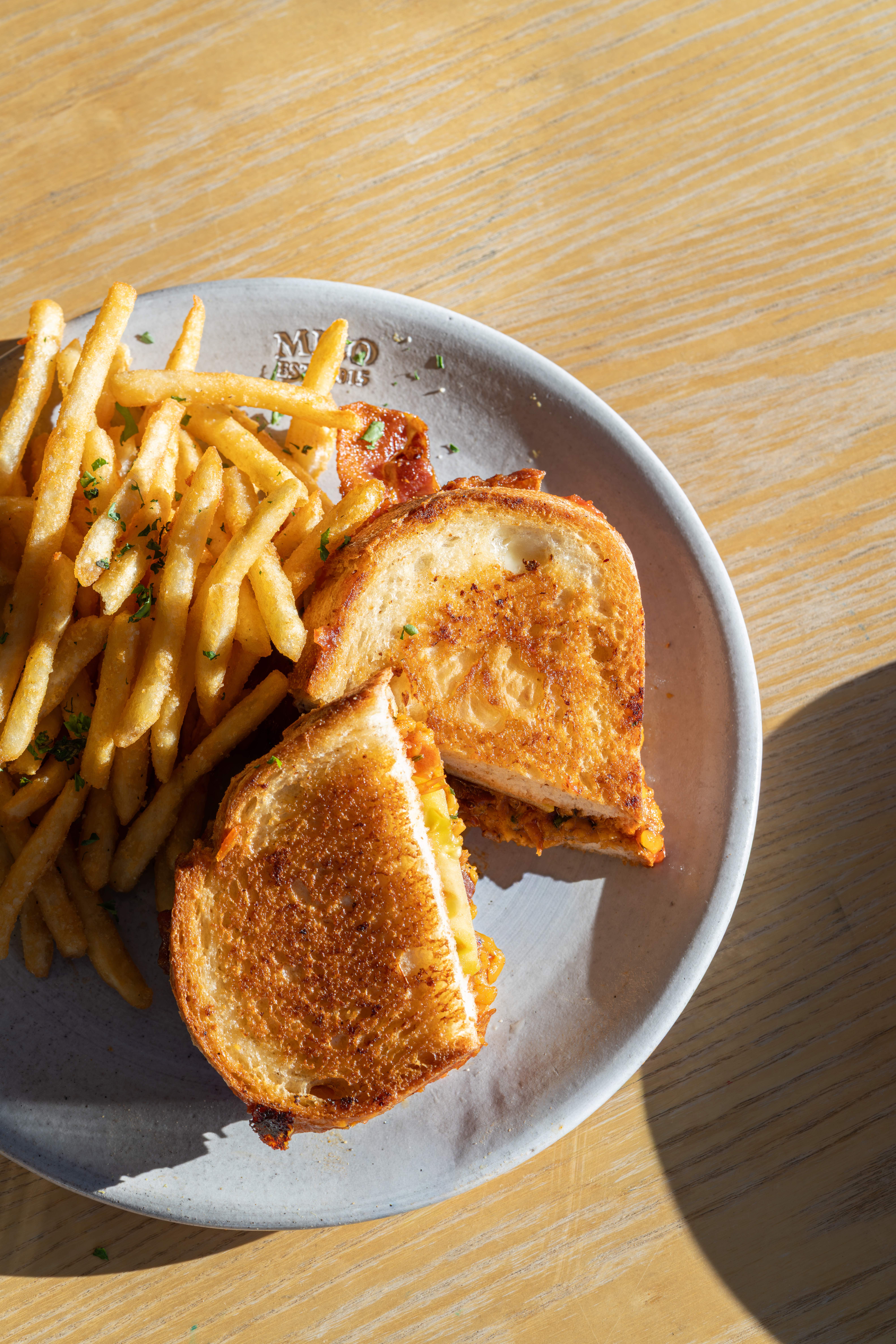 Pimento Grilled Cheese with Bacon and Fries at Milo Waco Texas