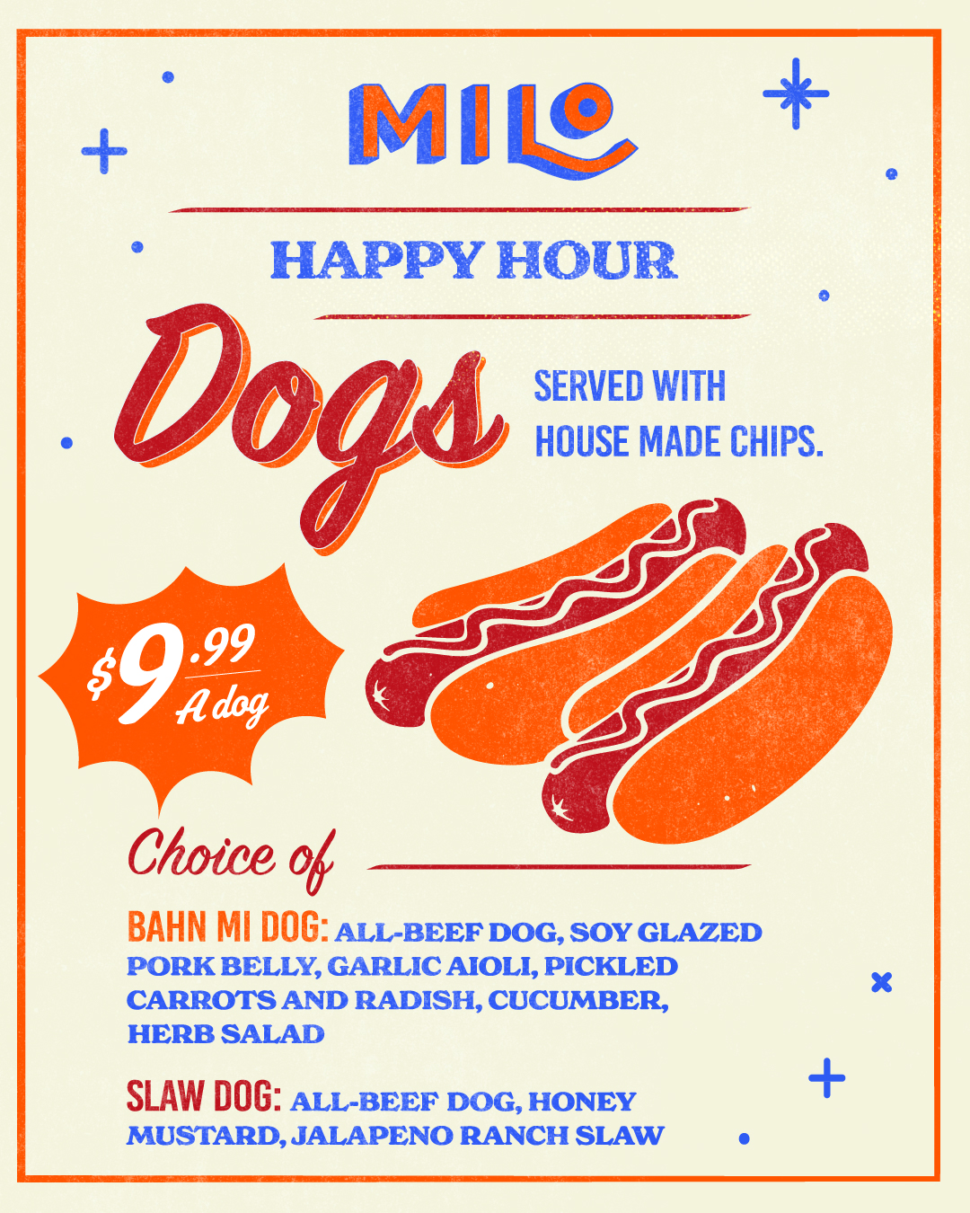 Milo All Day Hot Dog Menu for the month of June in Waco
