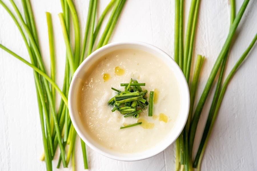 a bowl of soup on a green plant