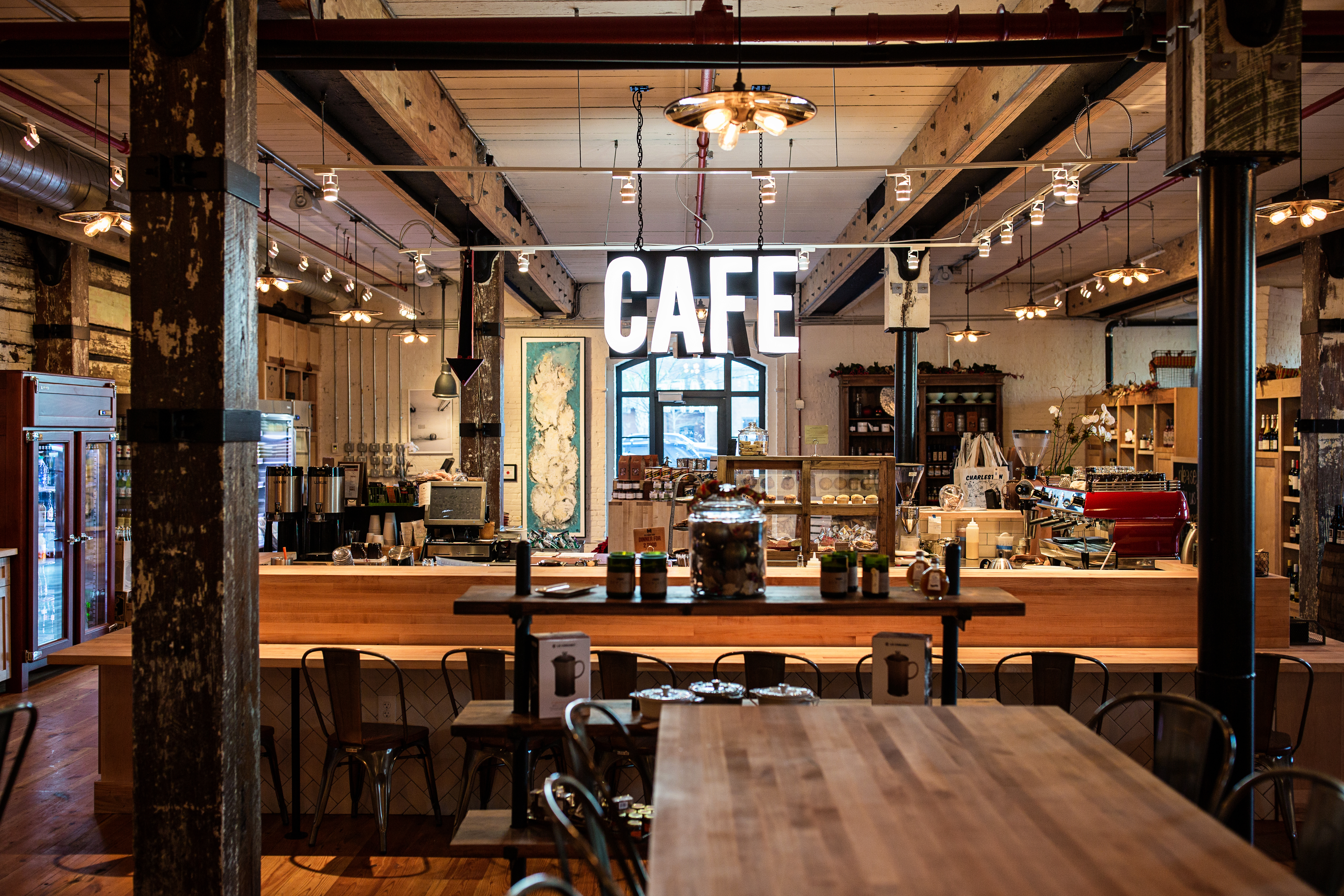 a dining room table in front of a store