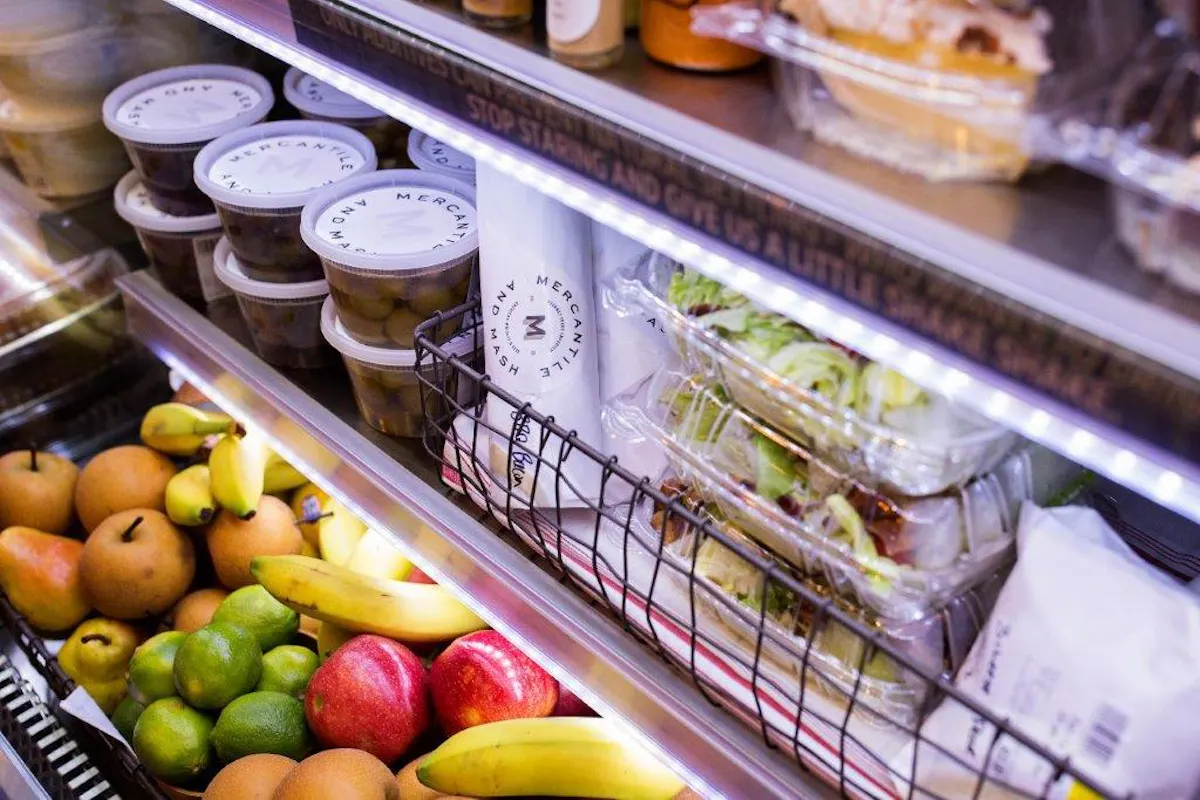 a display case filled with different types of food