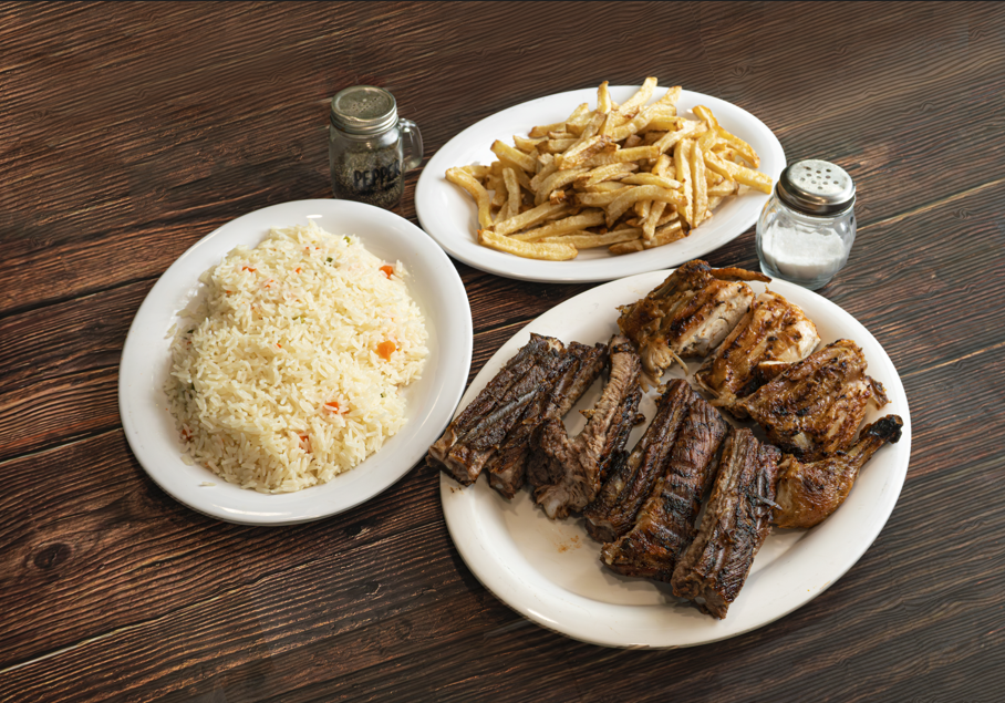 a plate of meat and fries on a table