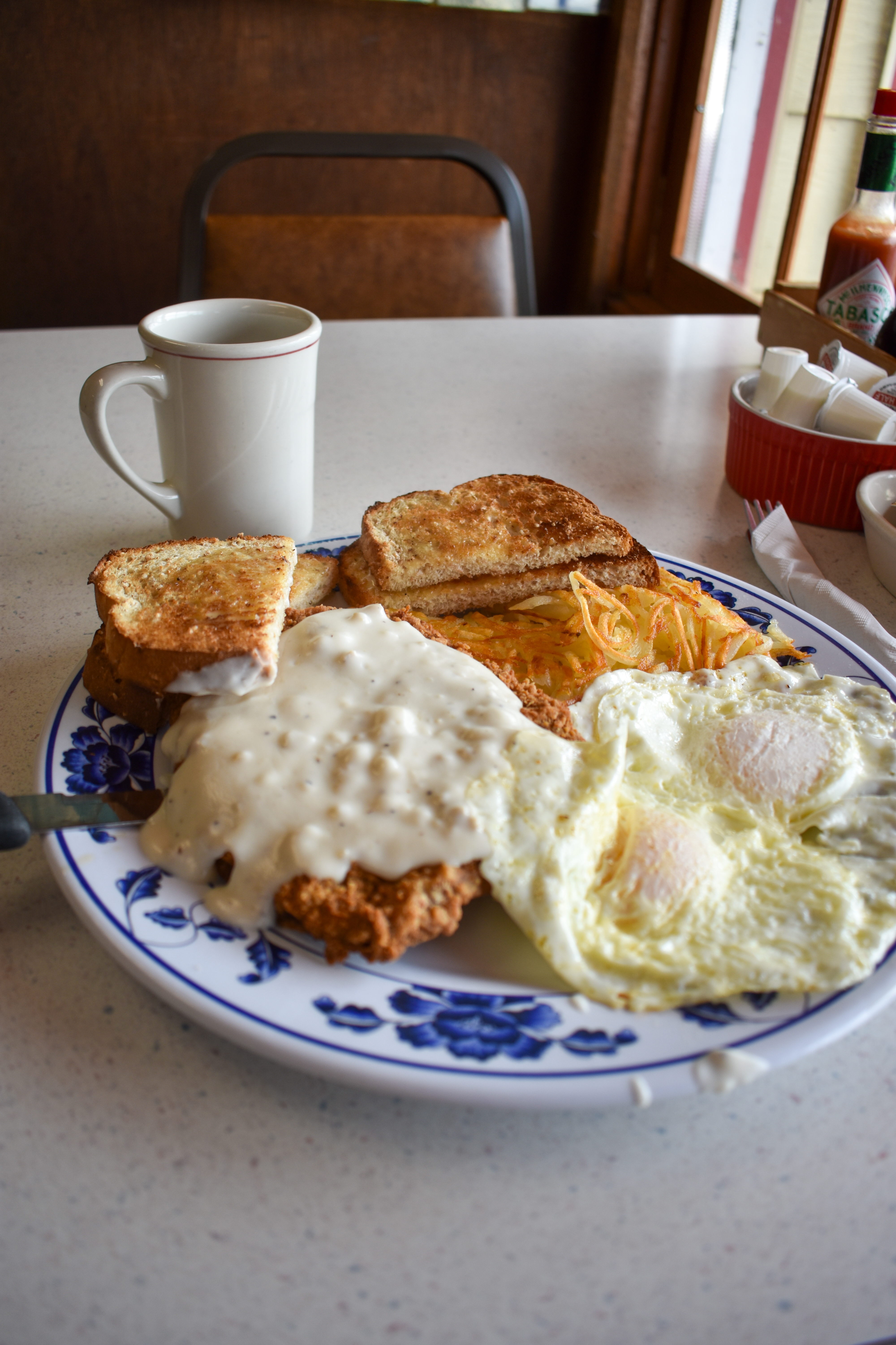 a plate of food and a cup of coffee