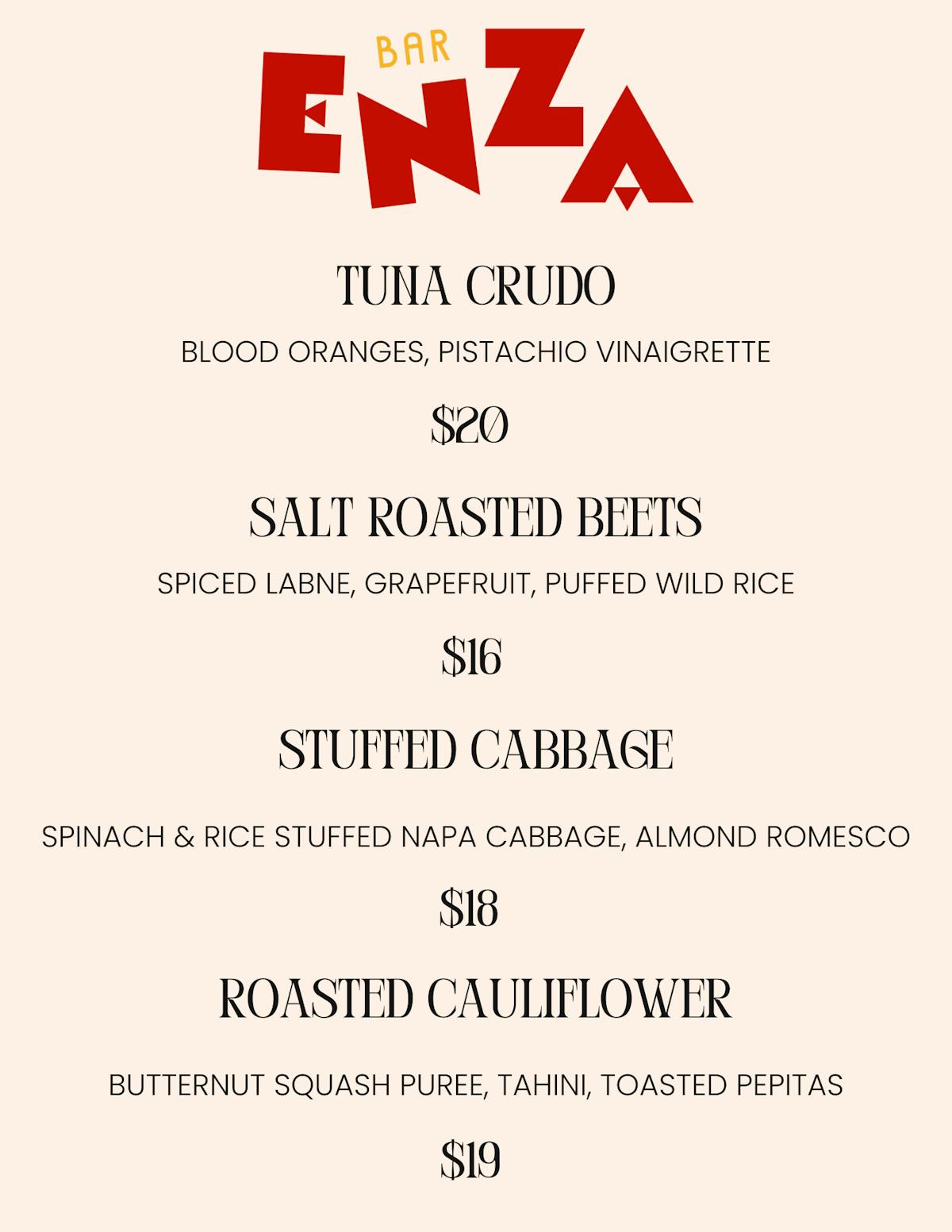New Bar Enza Menu