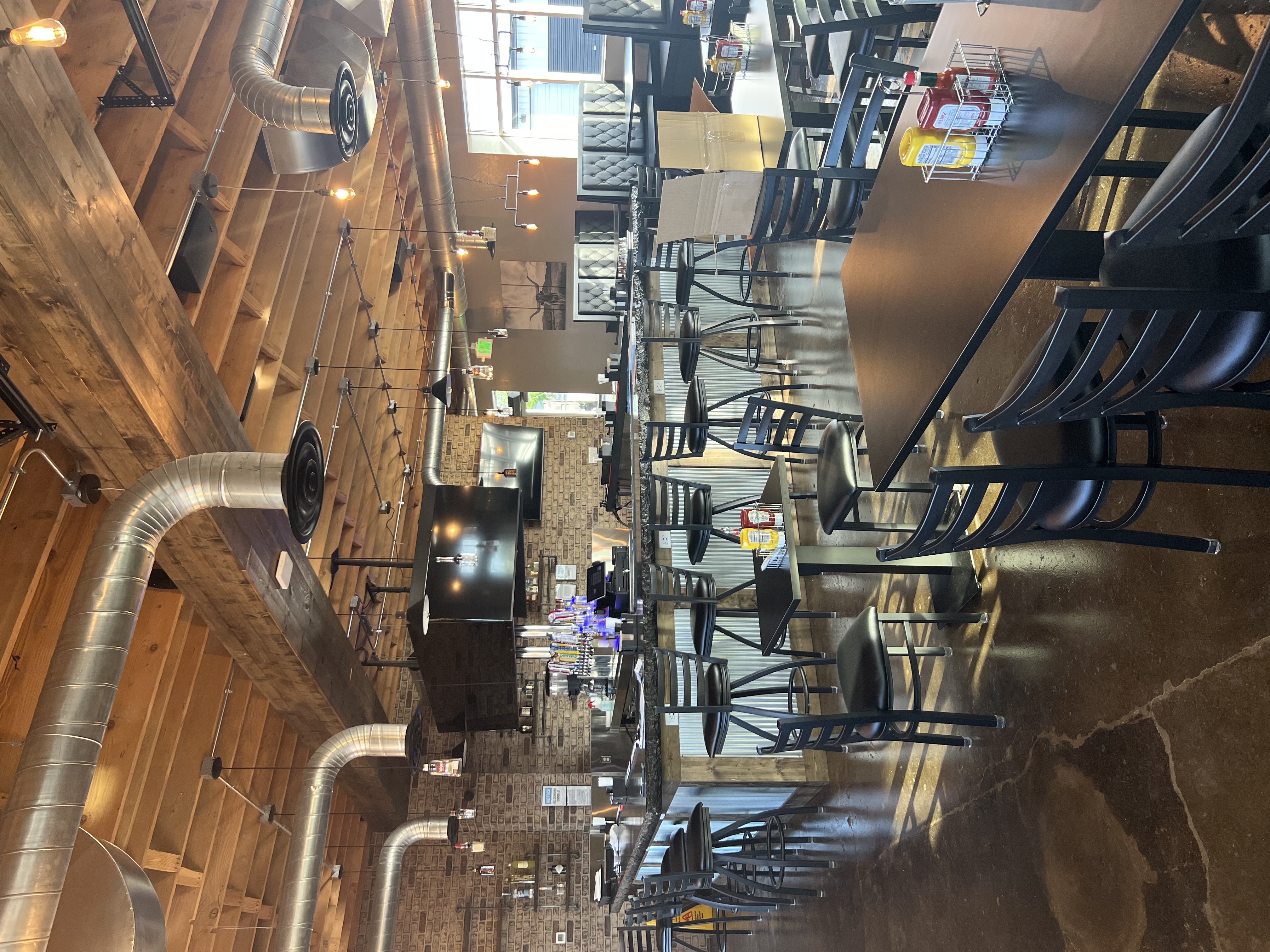 a large building with a metal table