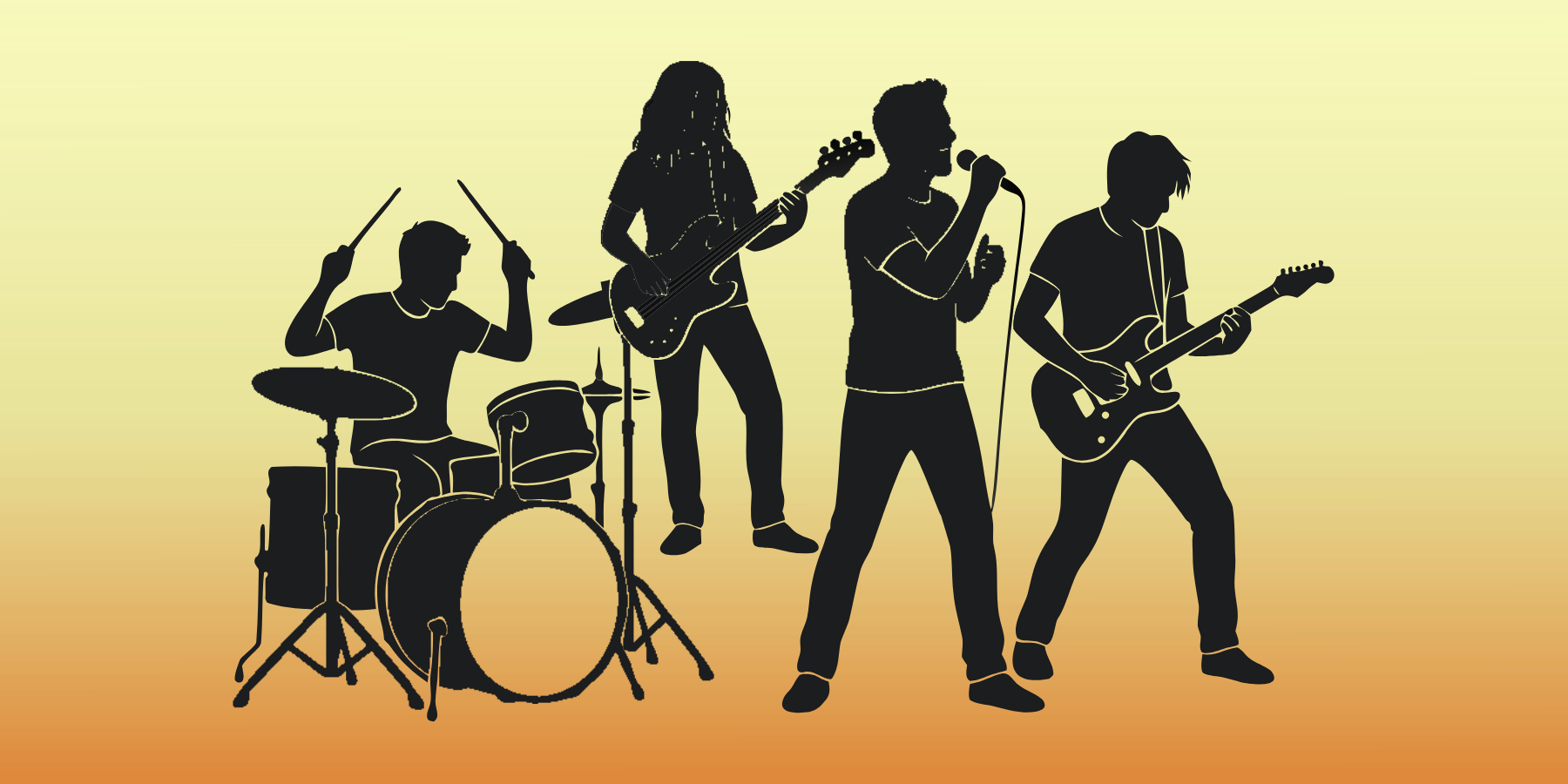 a group of people standing in front of a sunset