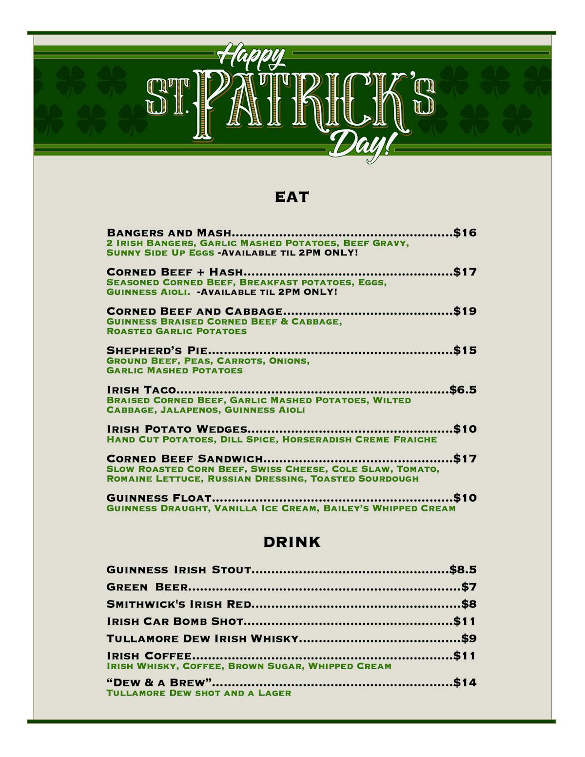 St Paddys Day Menu