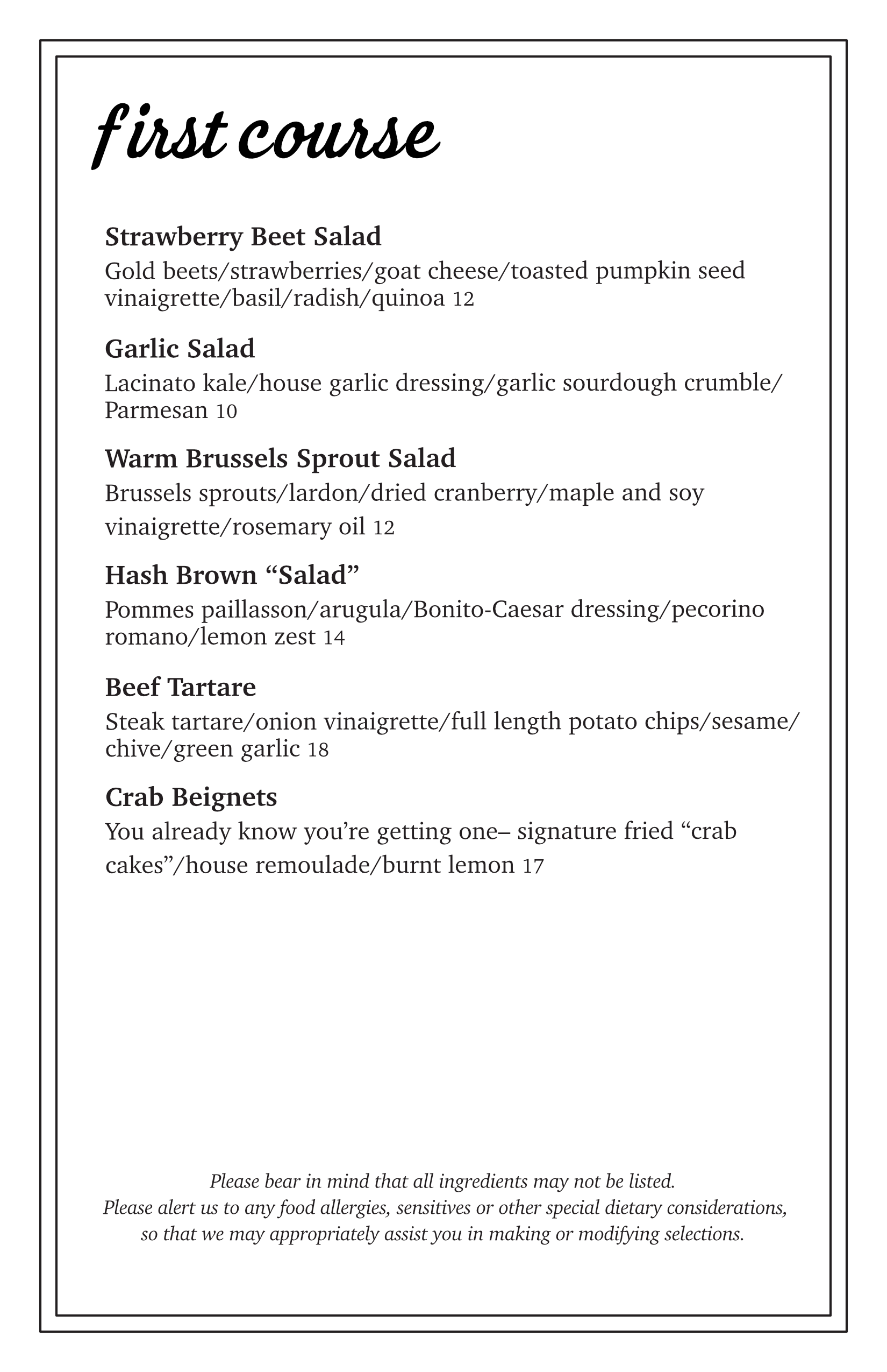 a menu of a restaurant