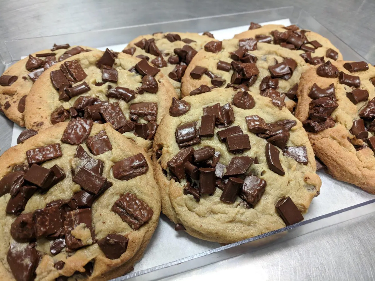 Dark Victory: triple chocolate chip cookie with milk chocolate, dark chocolate, and Hershey's kisses