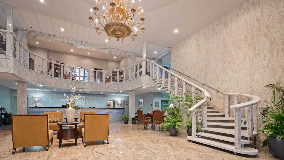 a room filled with furniture and a fireplace
