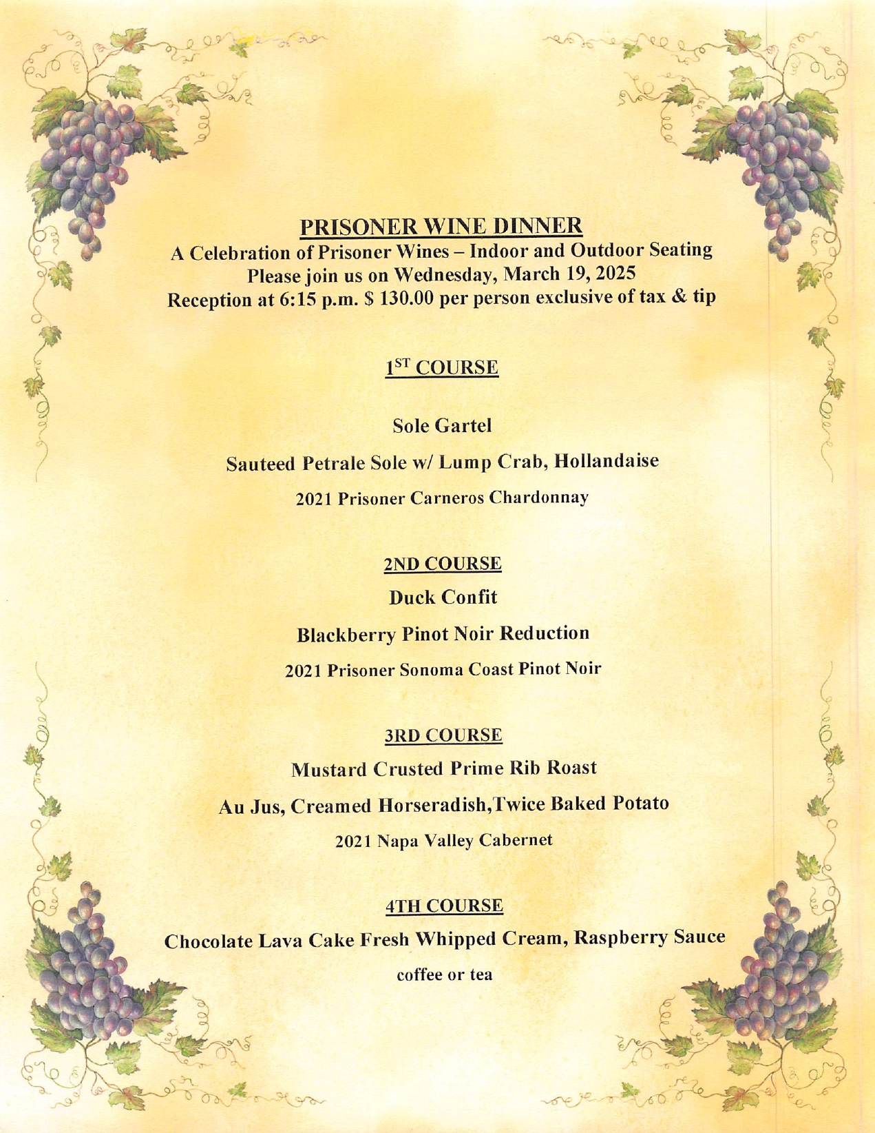 Prisoner Wine Dinner | Dal Rae Restaurant | American Fine Dining ...