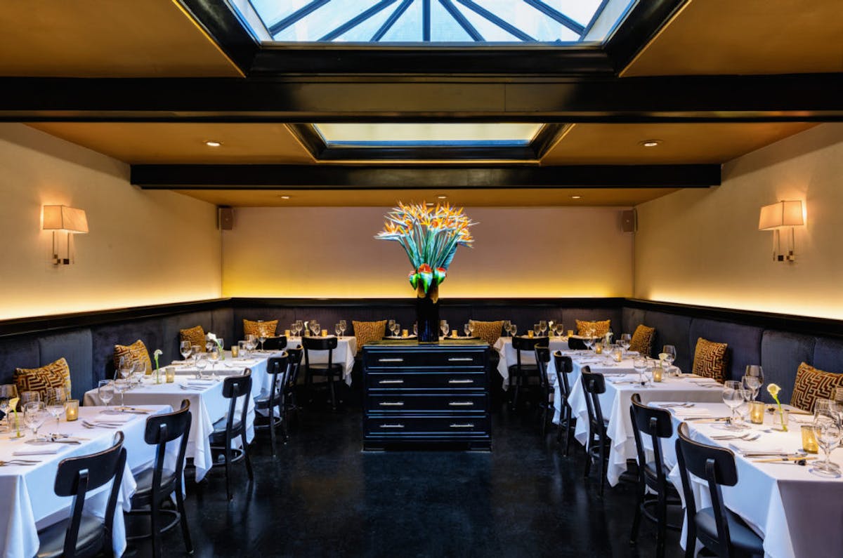 a dining room with furniture