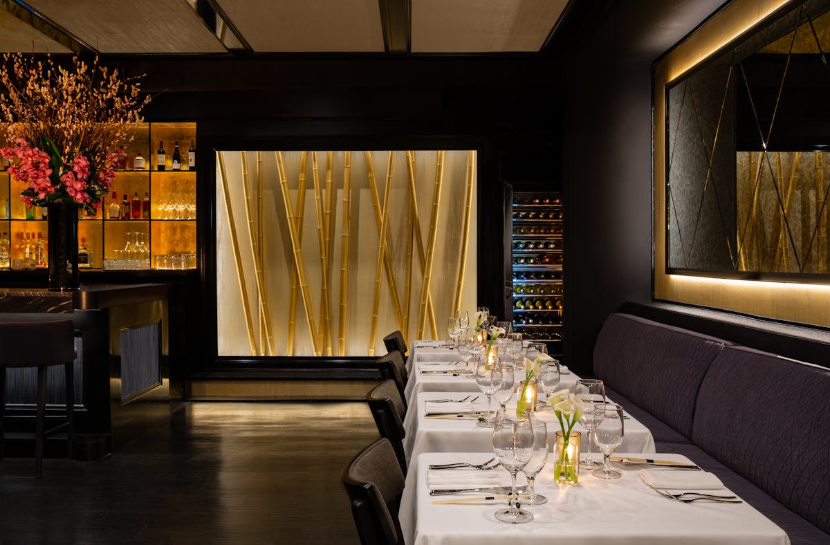 a dining room with furniture