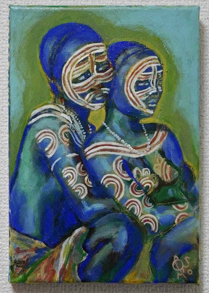 a painting of a blue suitcase