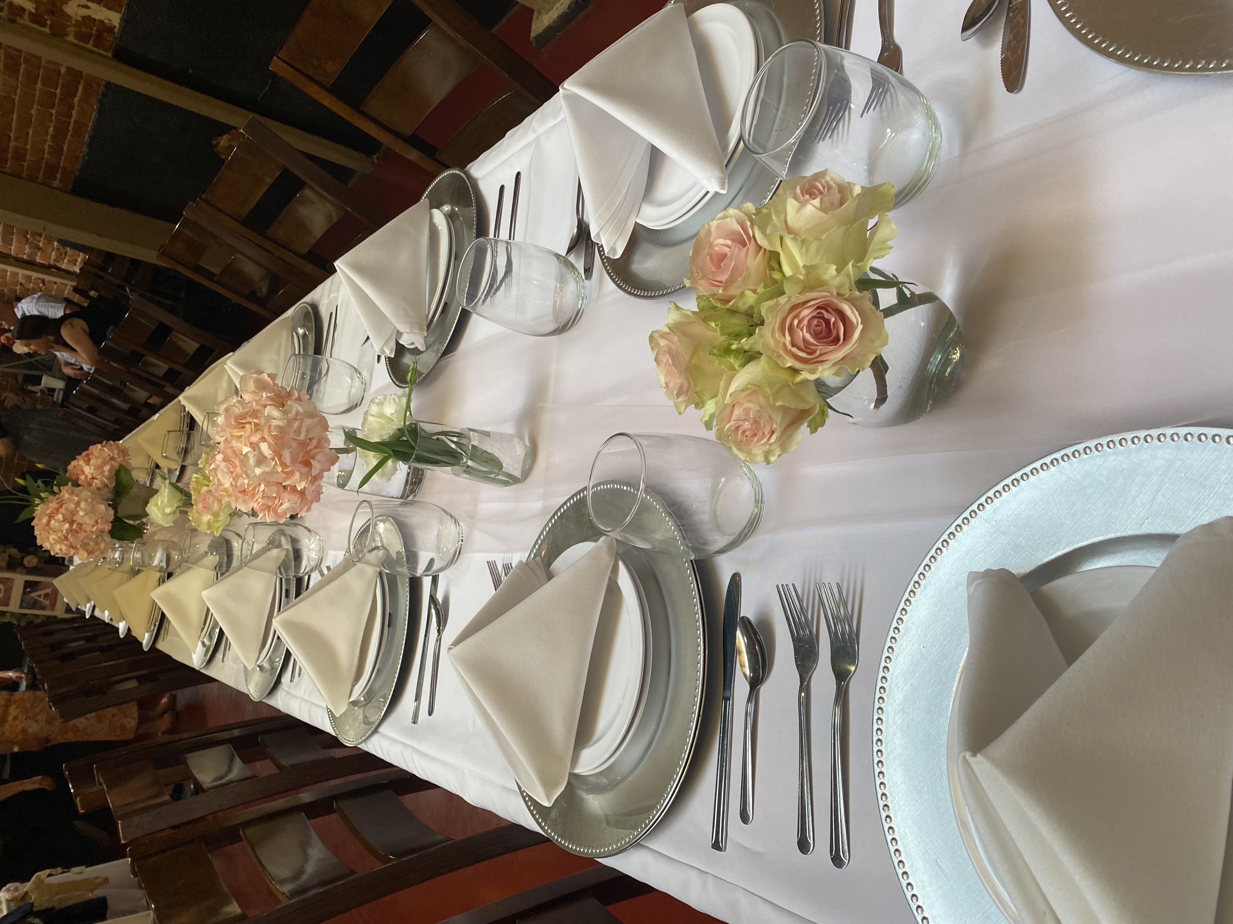 a white table with plates