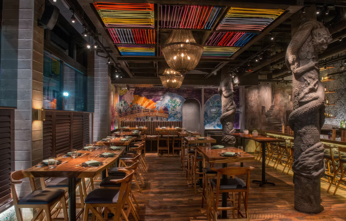 a dining room table in front of a building