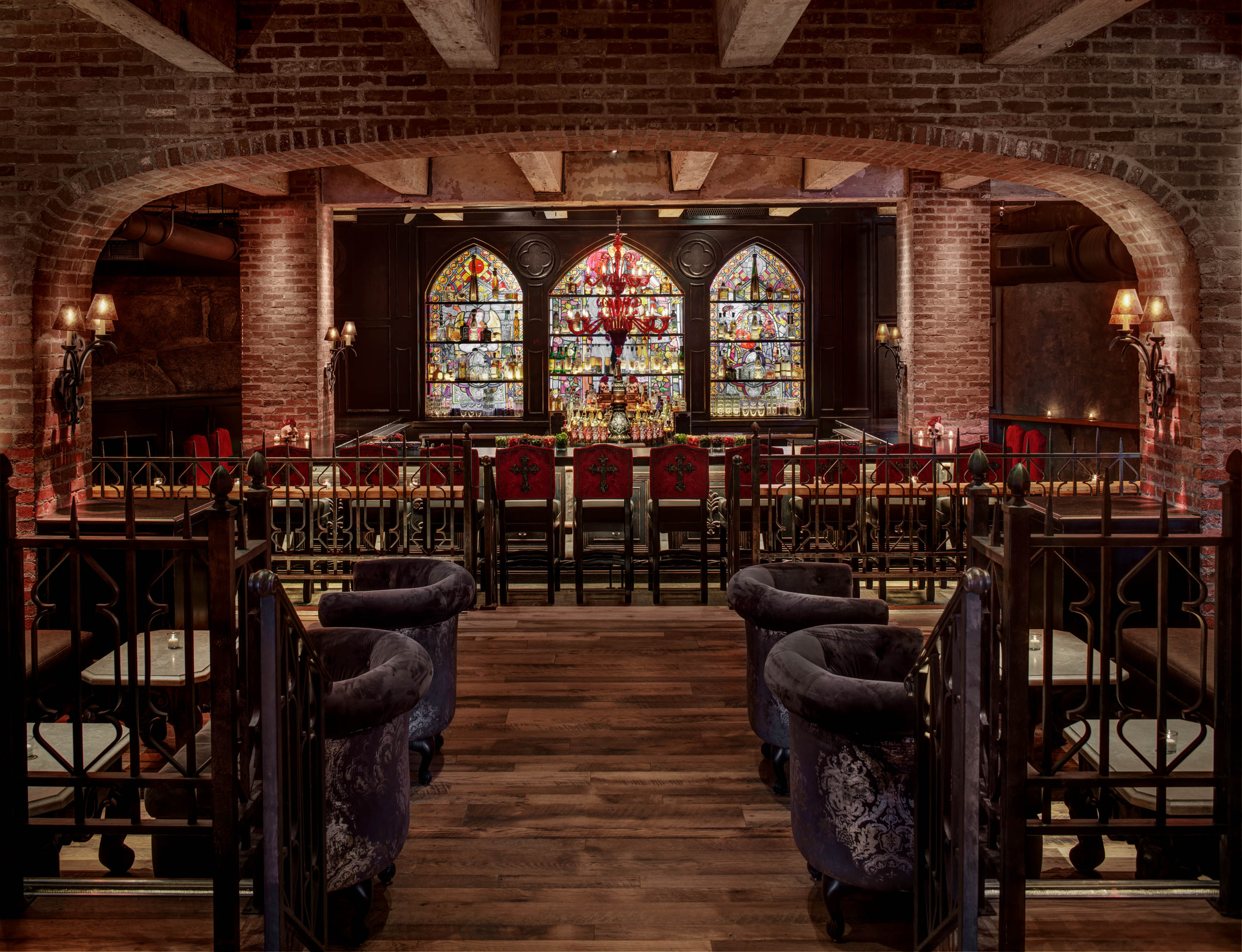 a dining room table in front of a building