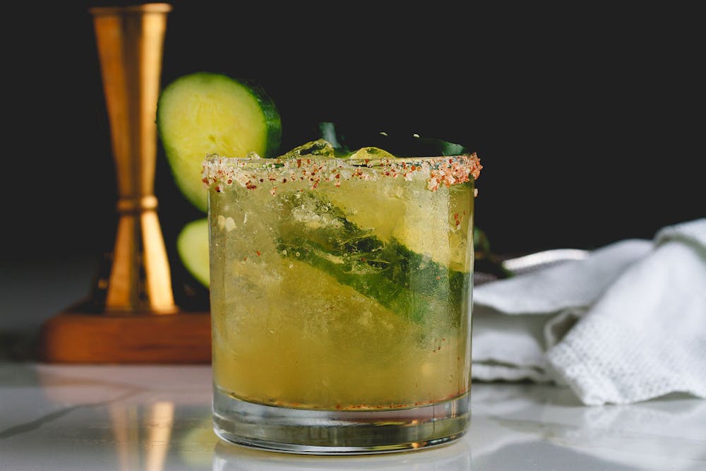 a close up of a glass cup on a table