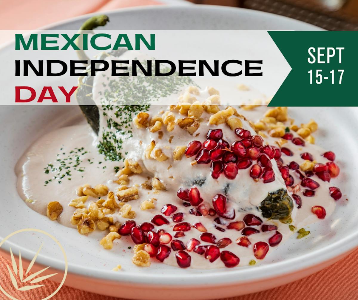 a photo of traditional Mexican dish Chile en Nogada promoting the celebration of Mexican Independence Day at Arnaldo Richards' Picos Restaurant in Houston, Texas