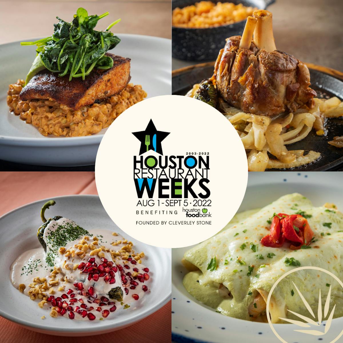 four different pictures of food (Mahi Mahi Ennegreido, Pork Shank Carnitas-Style, Traditional Chile en Nogado and Seafood Enchiladas) with a promotion overlay to promote the participation in Houston Restaurant Weeks benefiting the Houston Food Bank at Arnaldo Richards' Picos Restaurant in Houston, Texas