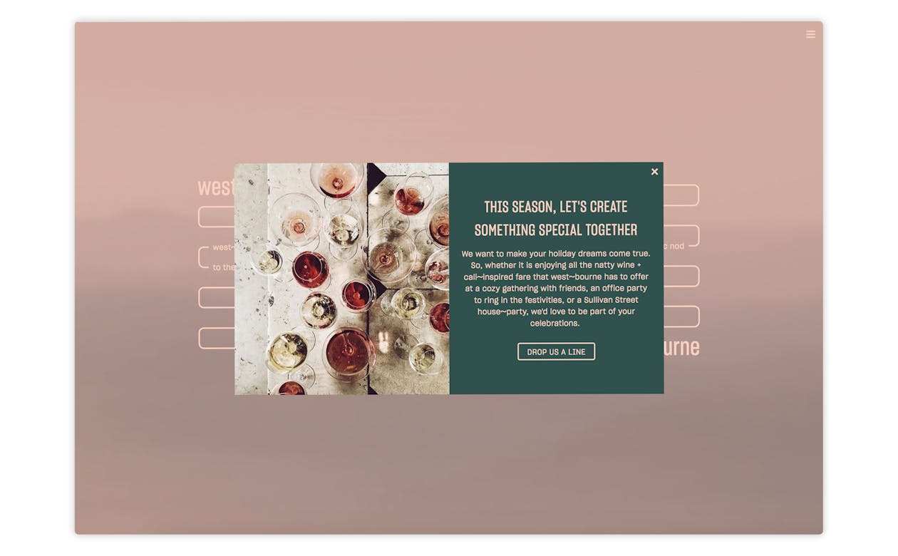 a screenshot of a restaurant website and an overlay alert promoting events.