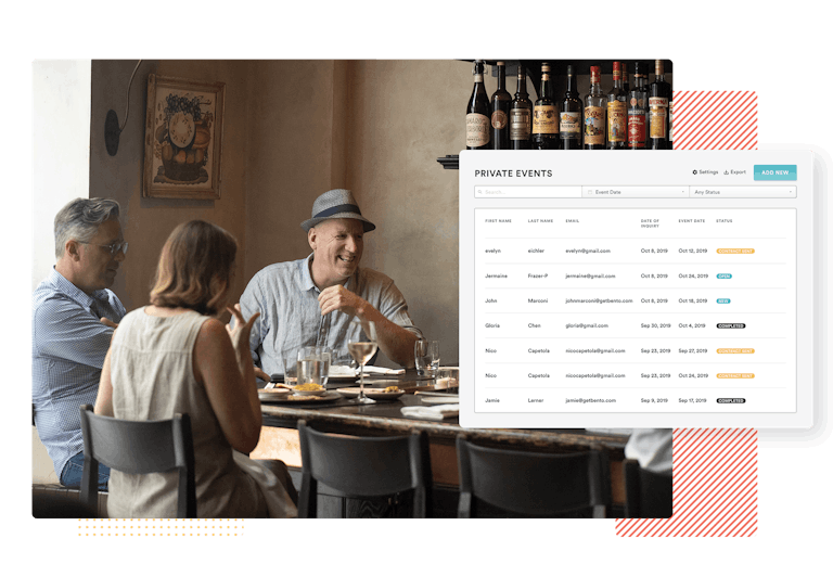 composition of guests at a restaurant with an overlay of events attendees list