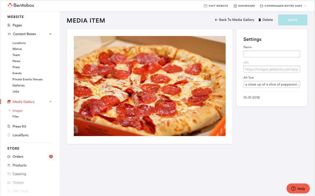 A screenshot of the BentoBox backend.