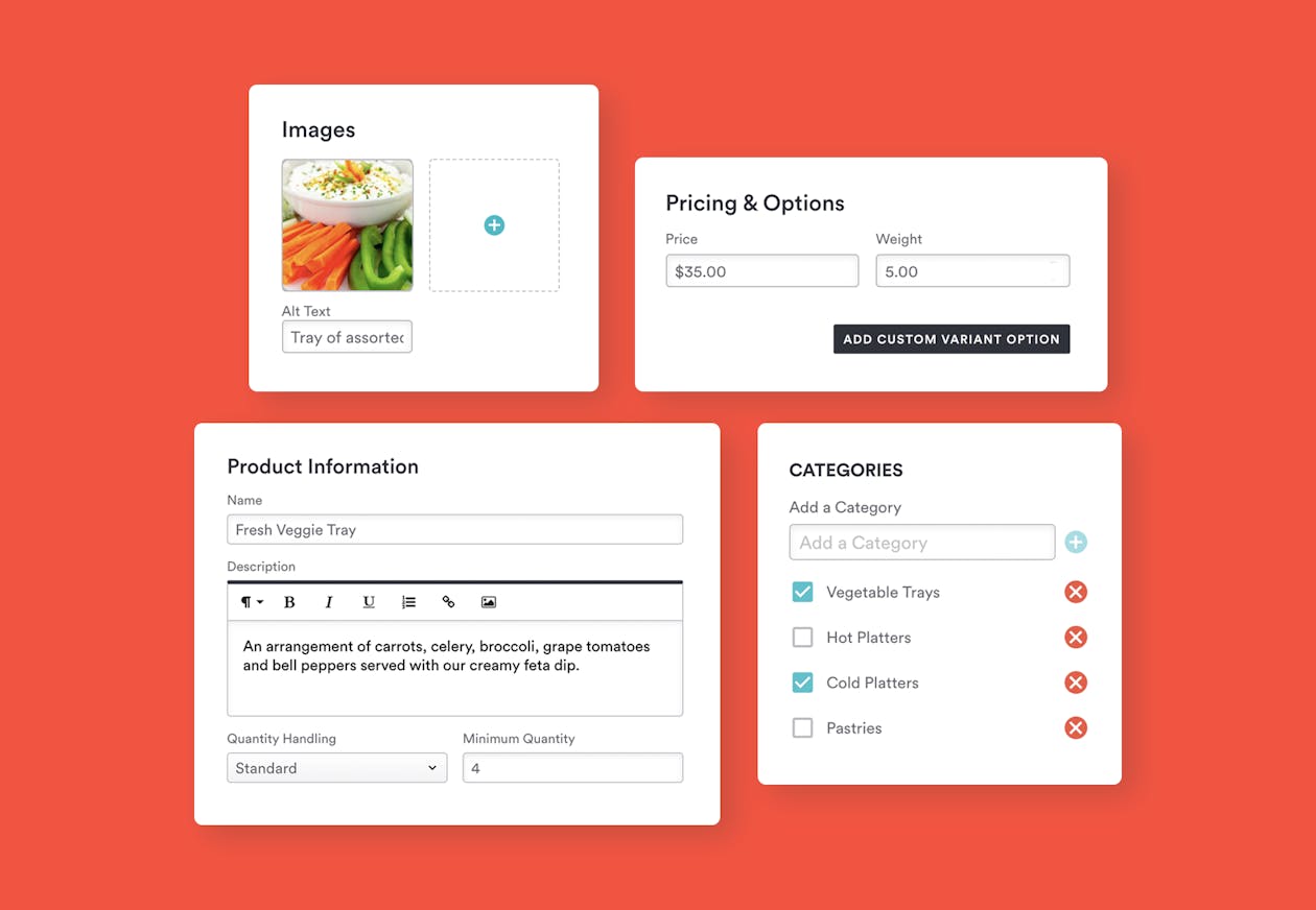 a collection of BentoBox catering feature screenshots