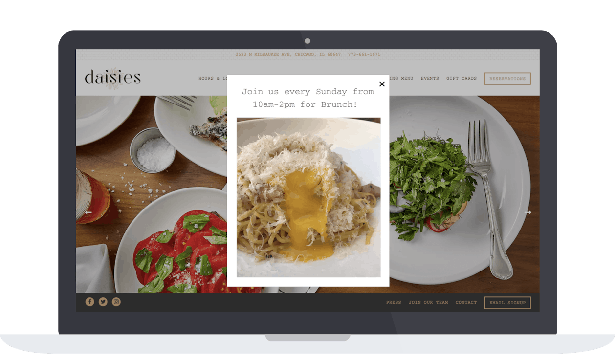daises website with a homepage alert for their brunch