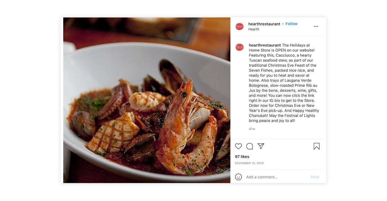 Hearth promoted its “feast of the seven fishes” holiday meal for pre-order on Instagram