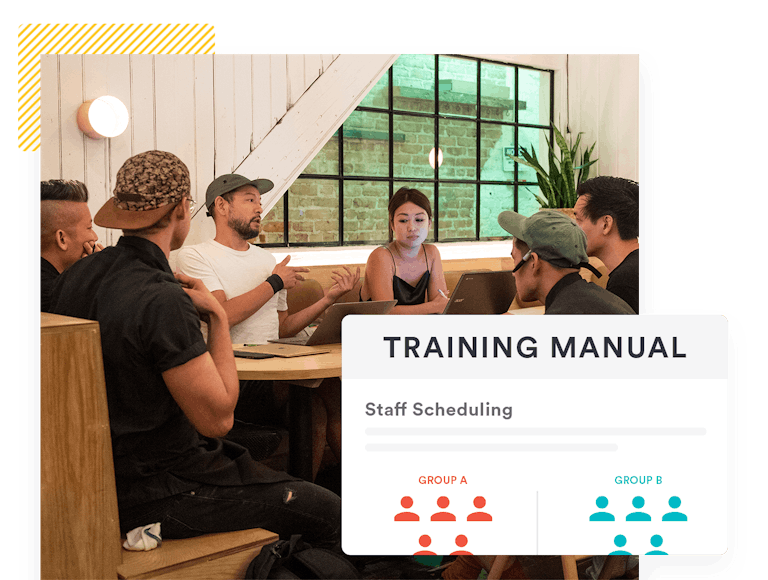 Restaurant staff having a meeting with an overlay of a training manual