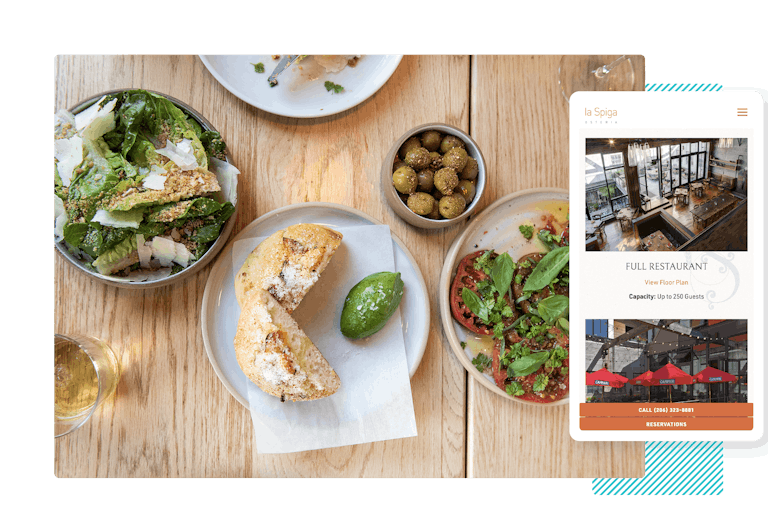 composition of a restaurant meal with a mobile screenshot