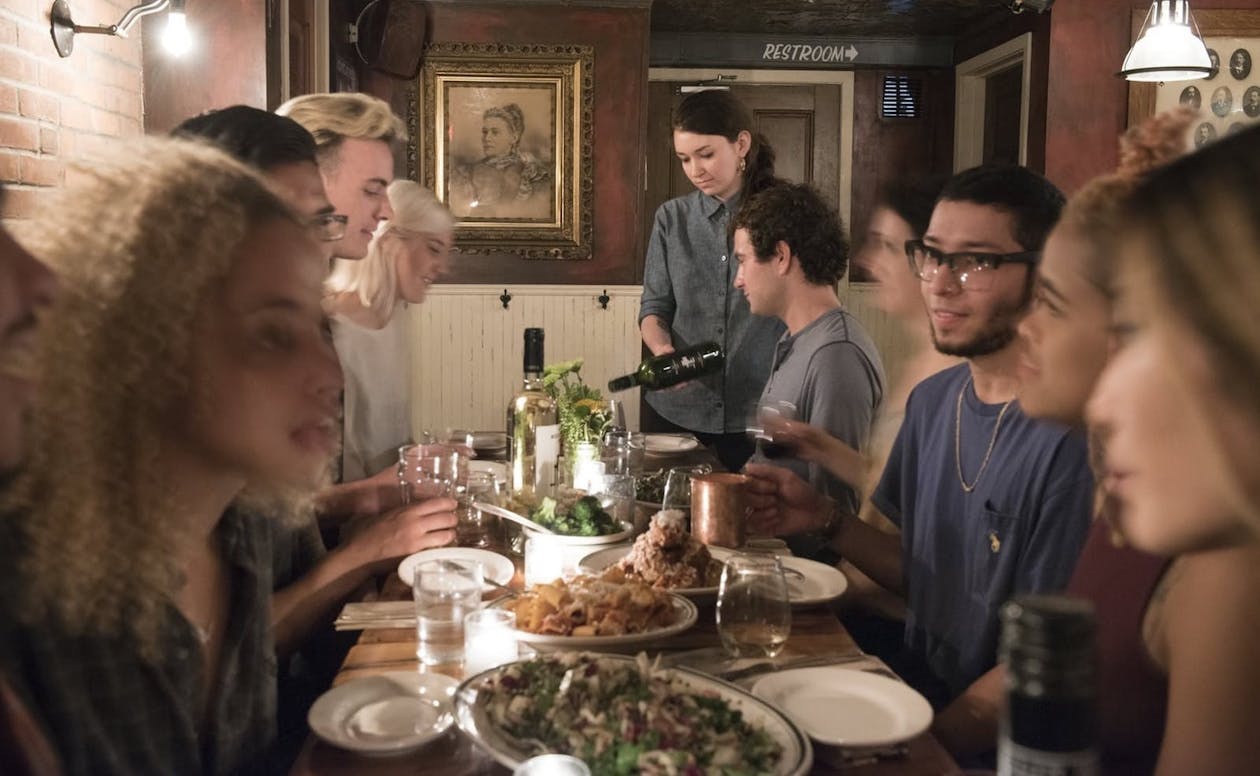 a group having dinner at a restaurant